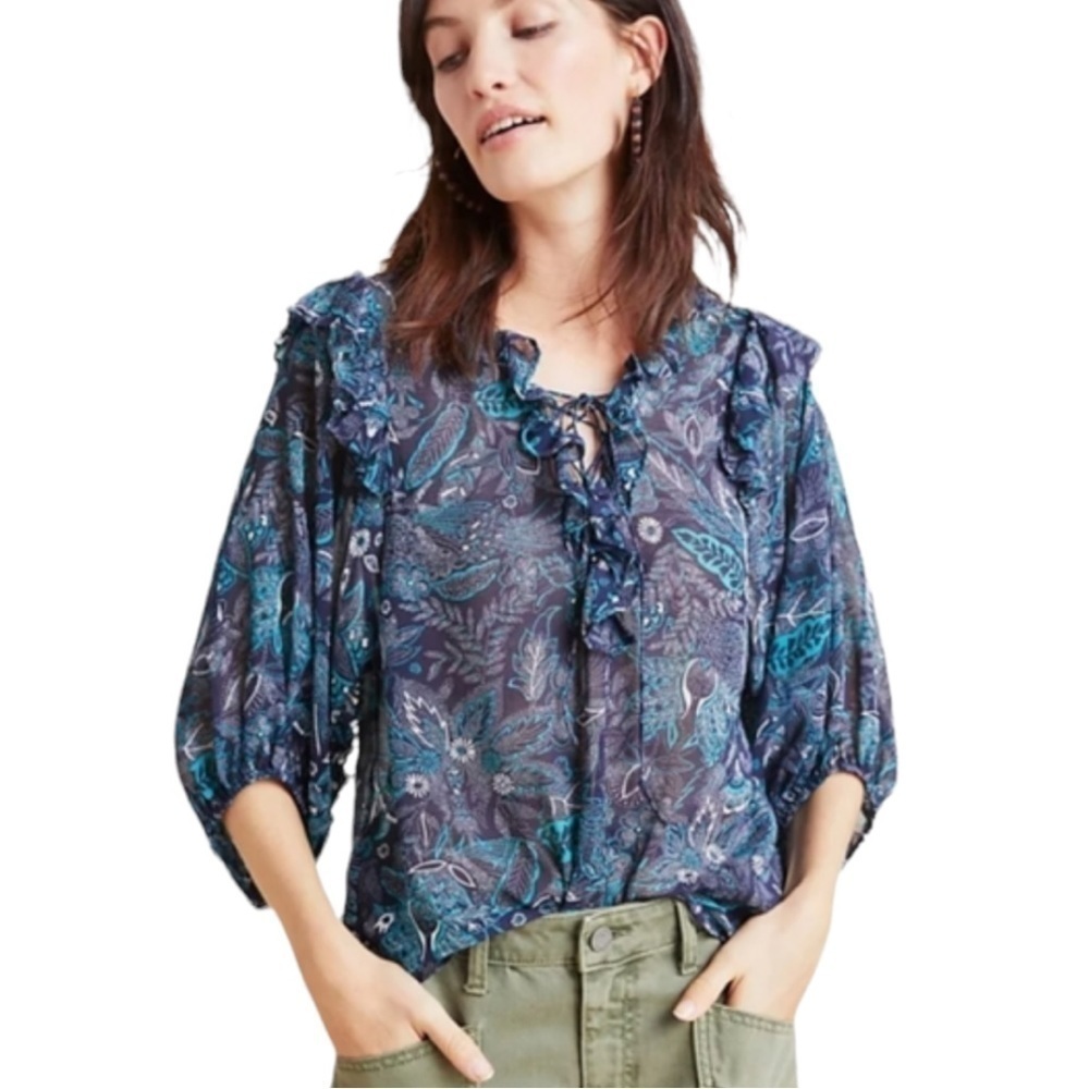 Anthropologie Haida Bohemian Print Peasant Top Blue M